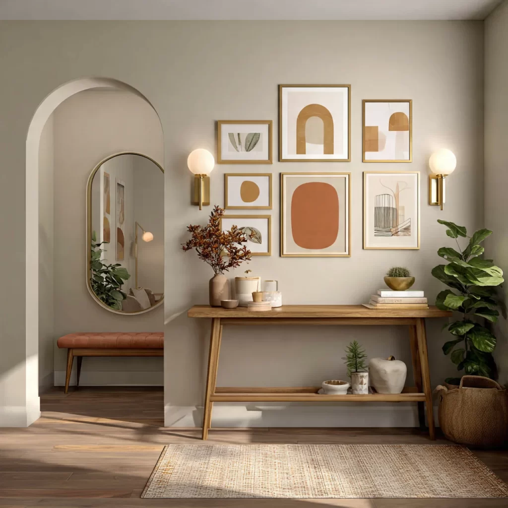 Warm neo-deco hallway with curated art wall, brass accents, plants, and luxury small apartment styling