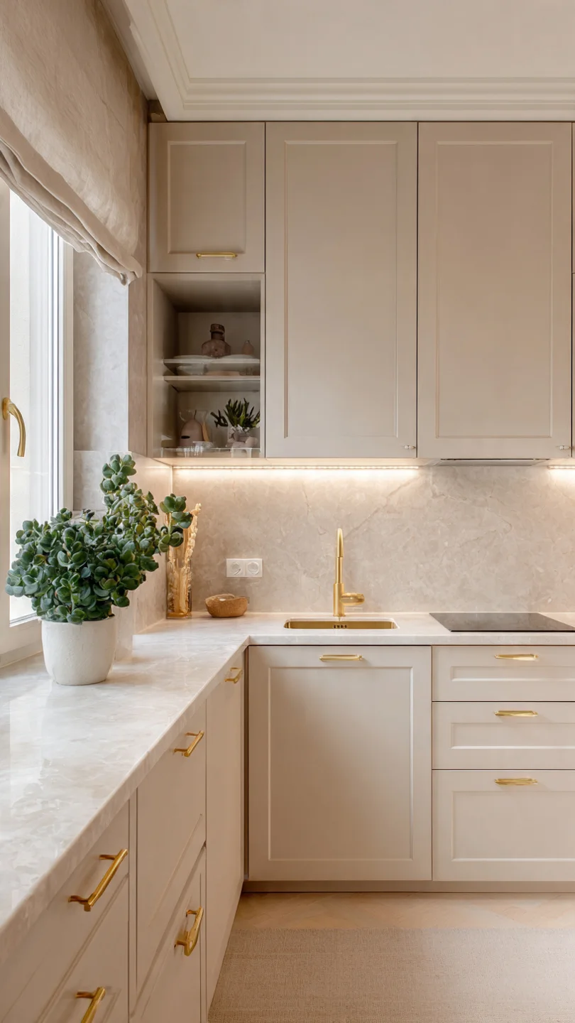 Small kitchen with warm beige cabinetry, brass handles, and soft under-cabinet lighting in a compact modern layout.