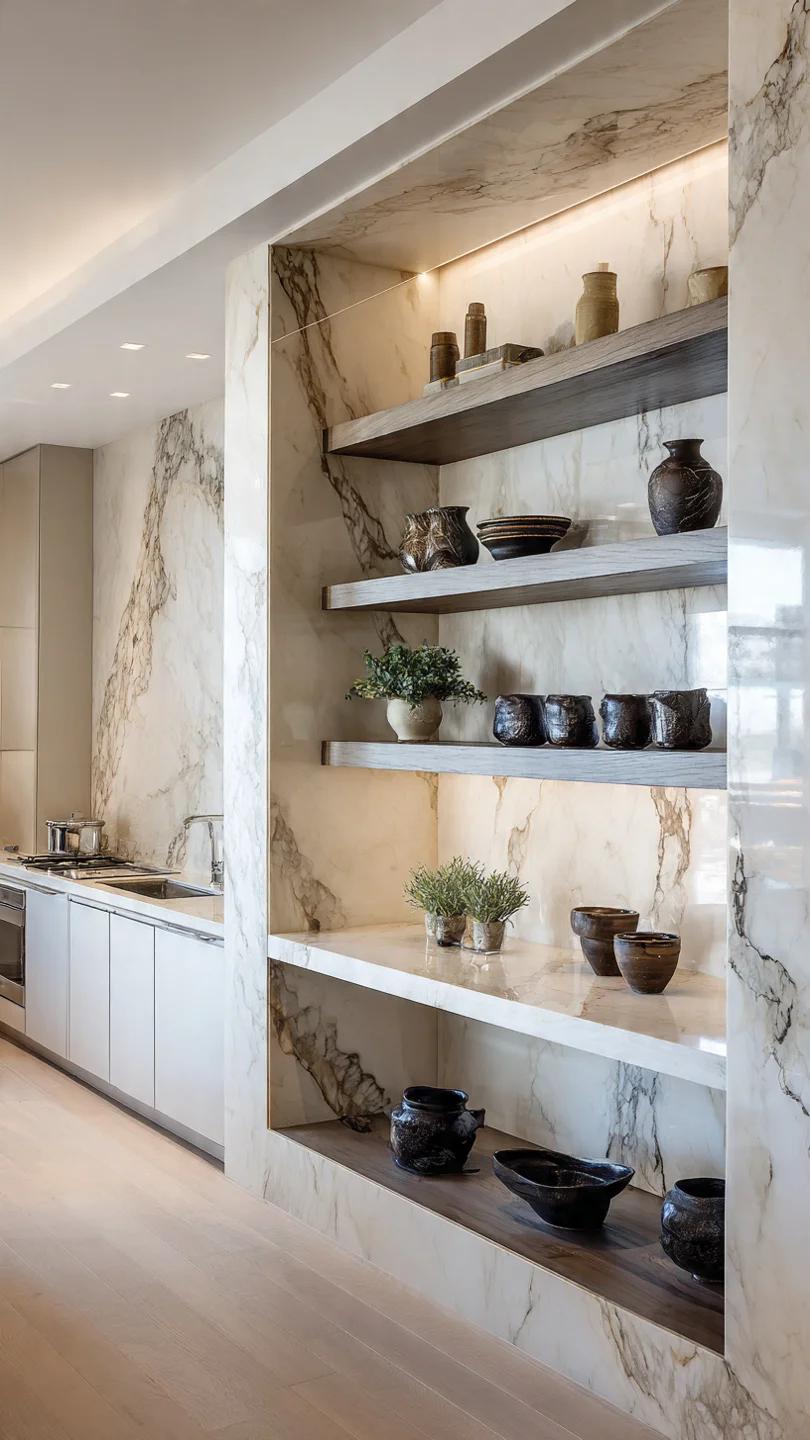 Compact kitchen with floating marble shelves styled with ceramics.