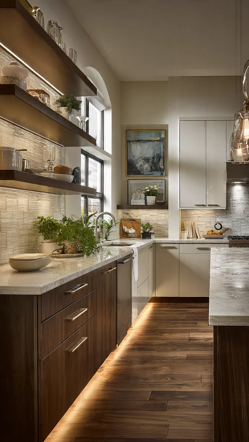 Small kitchen glowing with warm LED under-cabinet lighting and beige cabinetry.