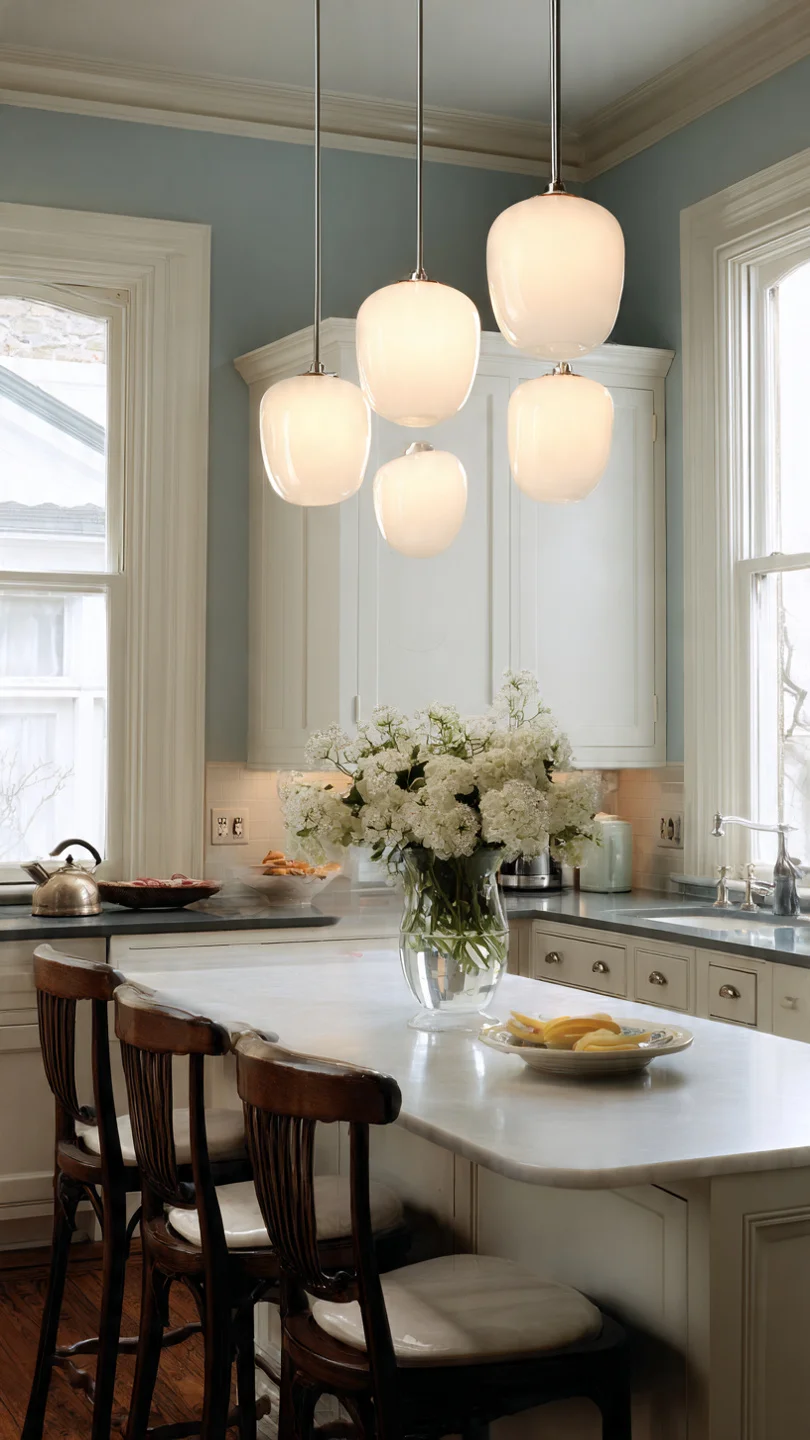 Compact kitchen with milk glass pendant lights over breakfast ledge.