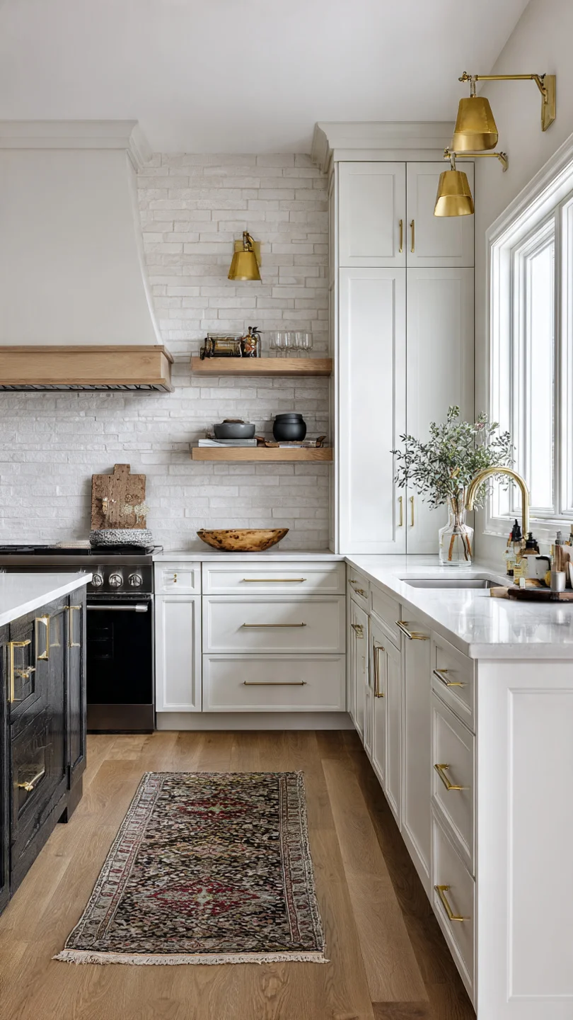 Small kitchen featuring brass wall sconces beside open shelves.