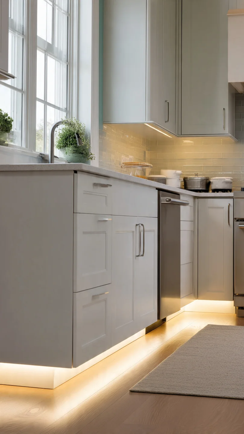 Modern small kitchen with hidden toe-kick lighting under cabinets.
