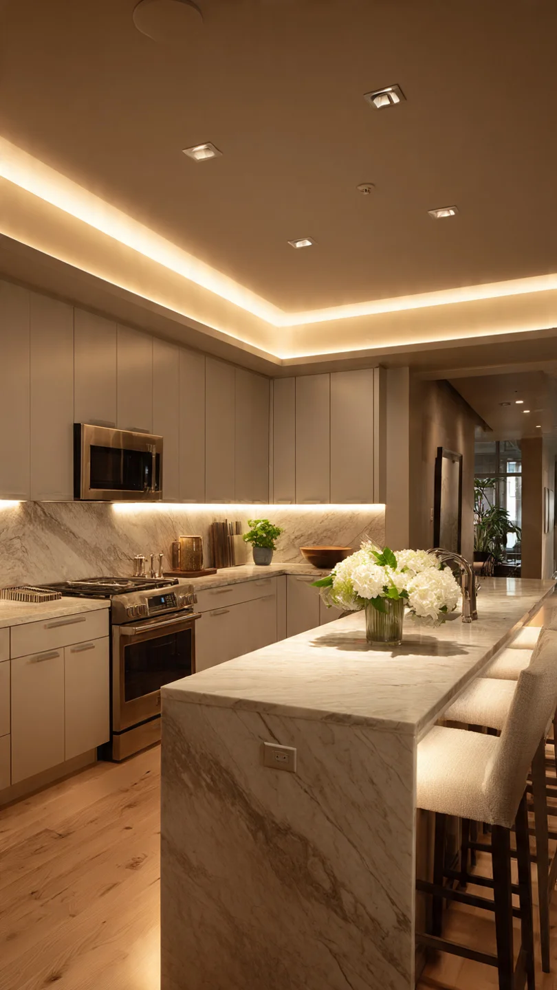 Compact kitchen with layered smart lighting and warm adjustable glow.