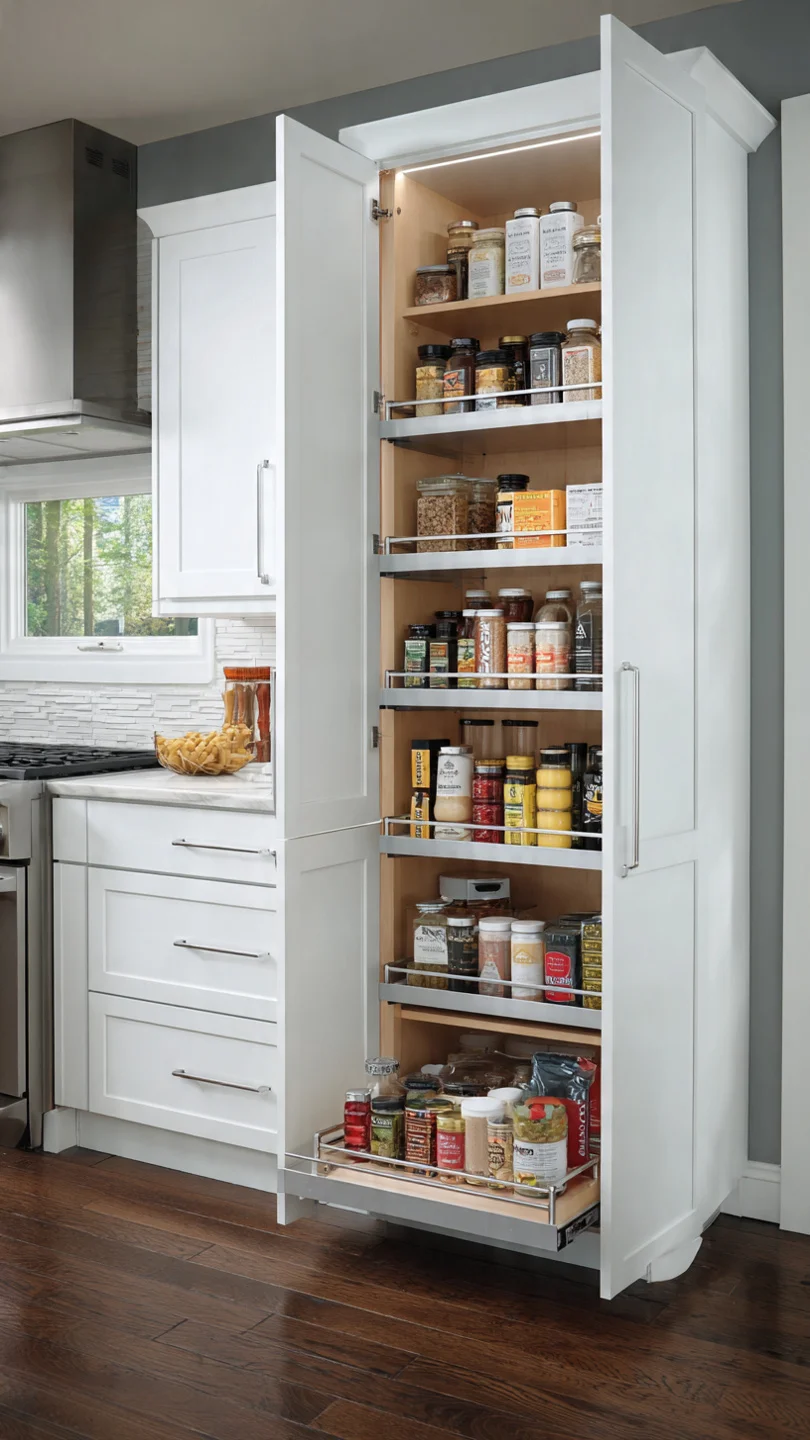 Small kitchen with narrow pull-out pantry cabinet fully extended.