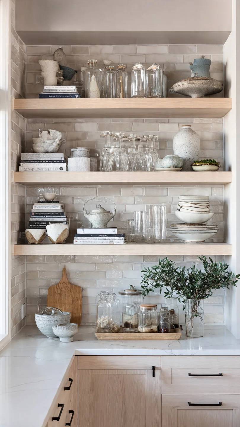 Compact kitchen with minimal open shelving styled with ceramics and greenery.