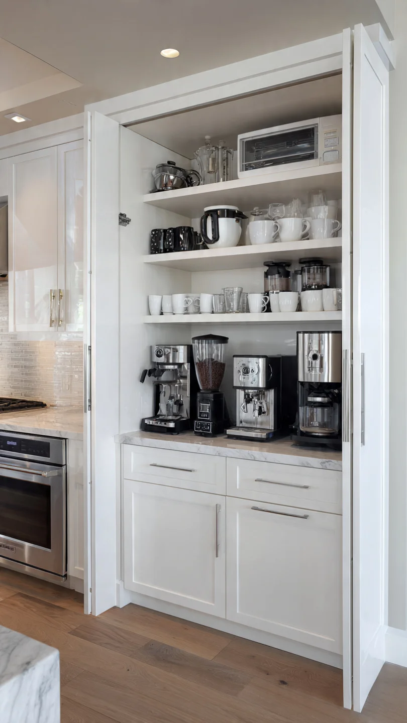 Small modern kitchen with concealed appliance garage cabinet.