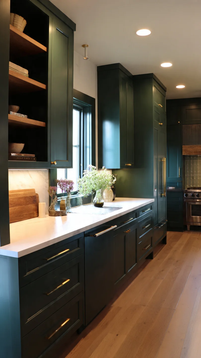 Compact kitchen featuring dark green lower cabinets with light upper cabinetry and layered lighting.