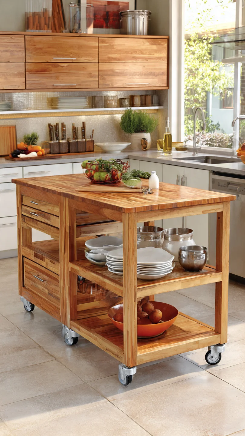 Small apartment kitchen with movable wooden island cart.