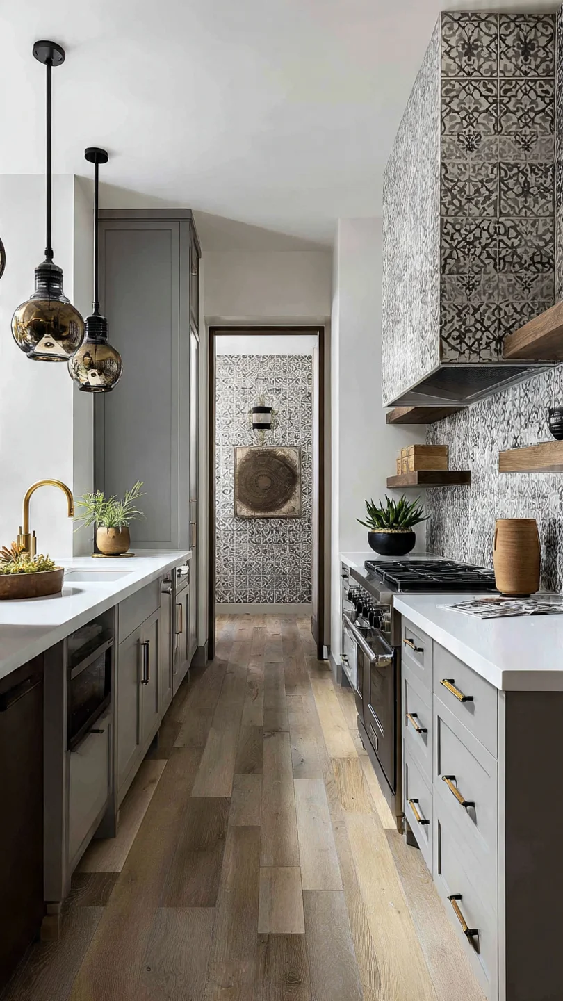 Narrow galley kitchen featuring bold patterned backsplash.