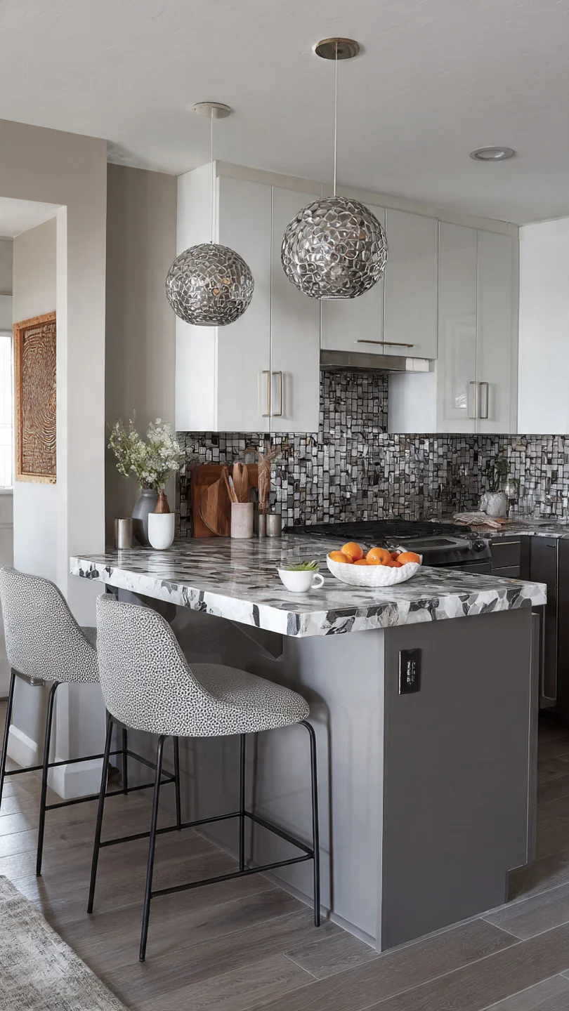 Compact kitchen with slim wall-mounted breakfast ledge and stools.