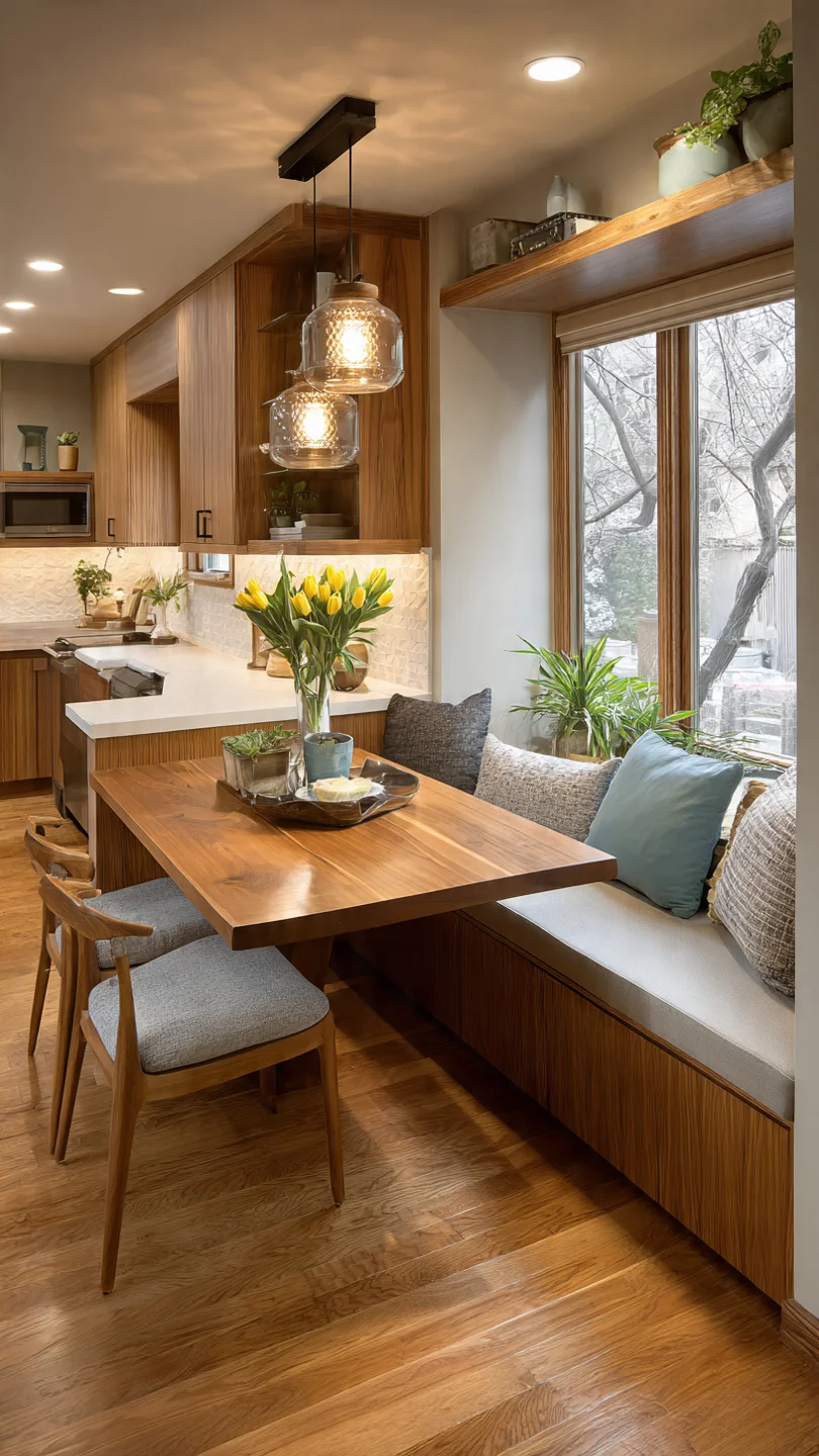 Small kitchen with built-in bench seating in corner dining nook.