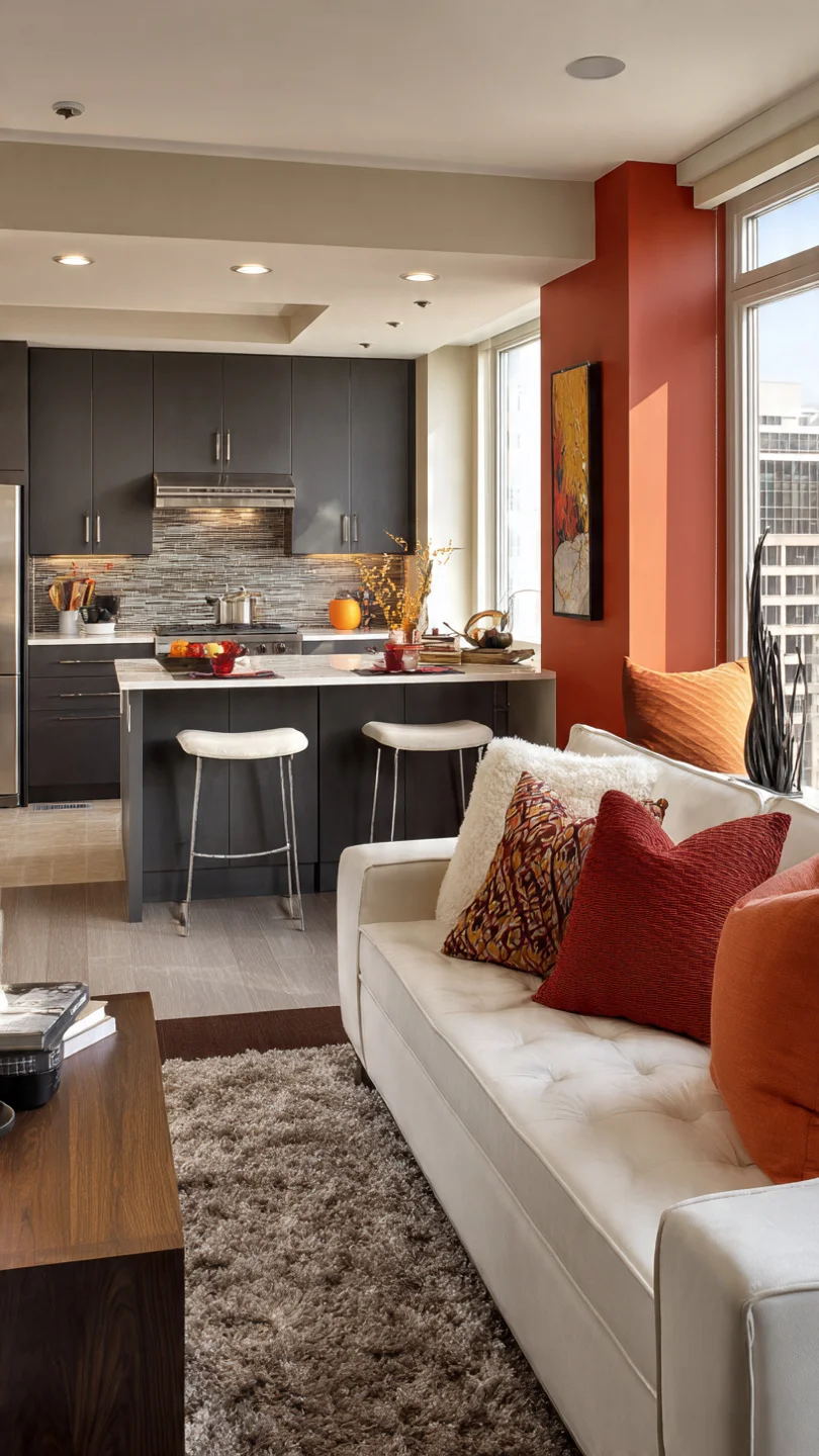 Small open-concept kitchen flowing into living room with cohesive design.