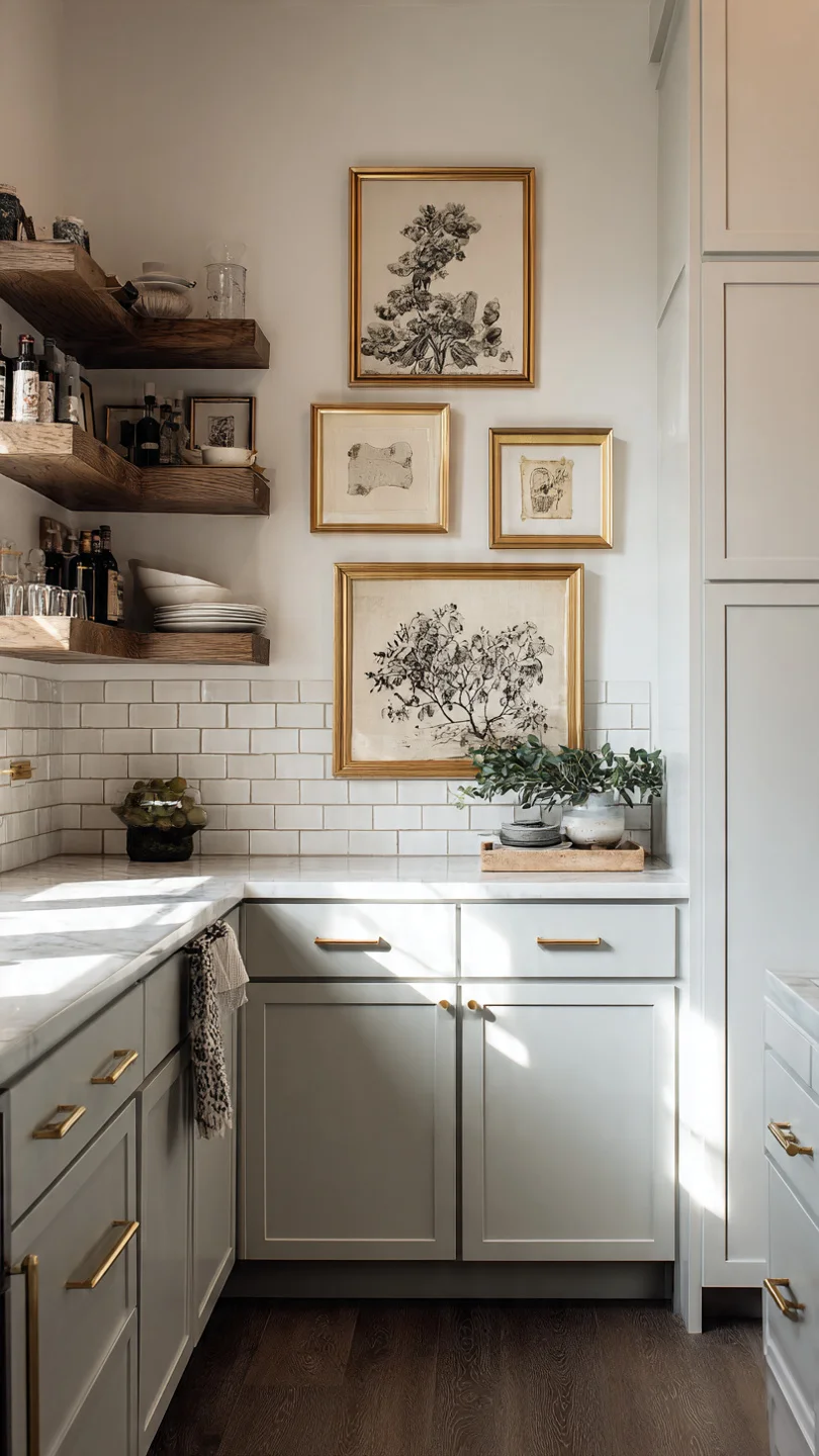 Small kitchen featuring framed vintage artwork above countertop.