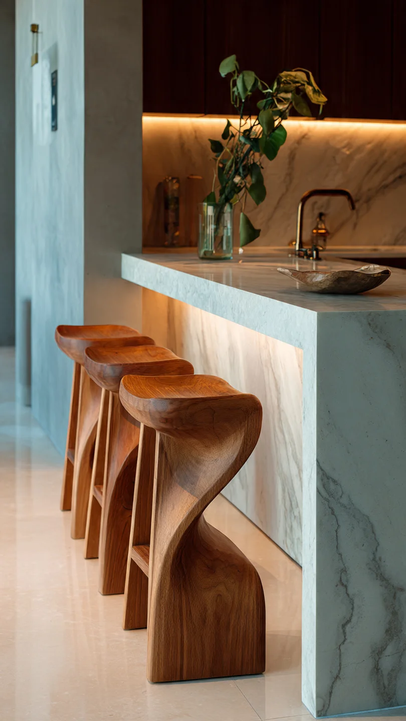 Compact kitchen with sculptural curved wooden bar stools.