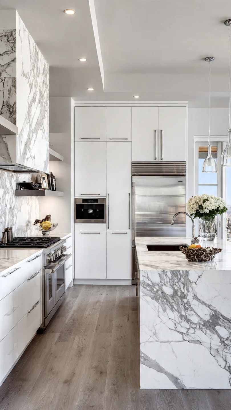 Small kitchen with dramatic marble veined countertop and backsplash.