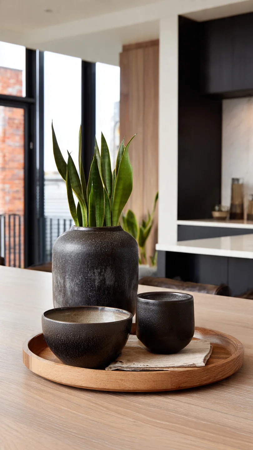 Compact kitchen styled with ceramic bowls, wooden trays, and greenery.