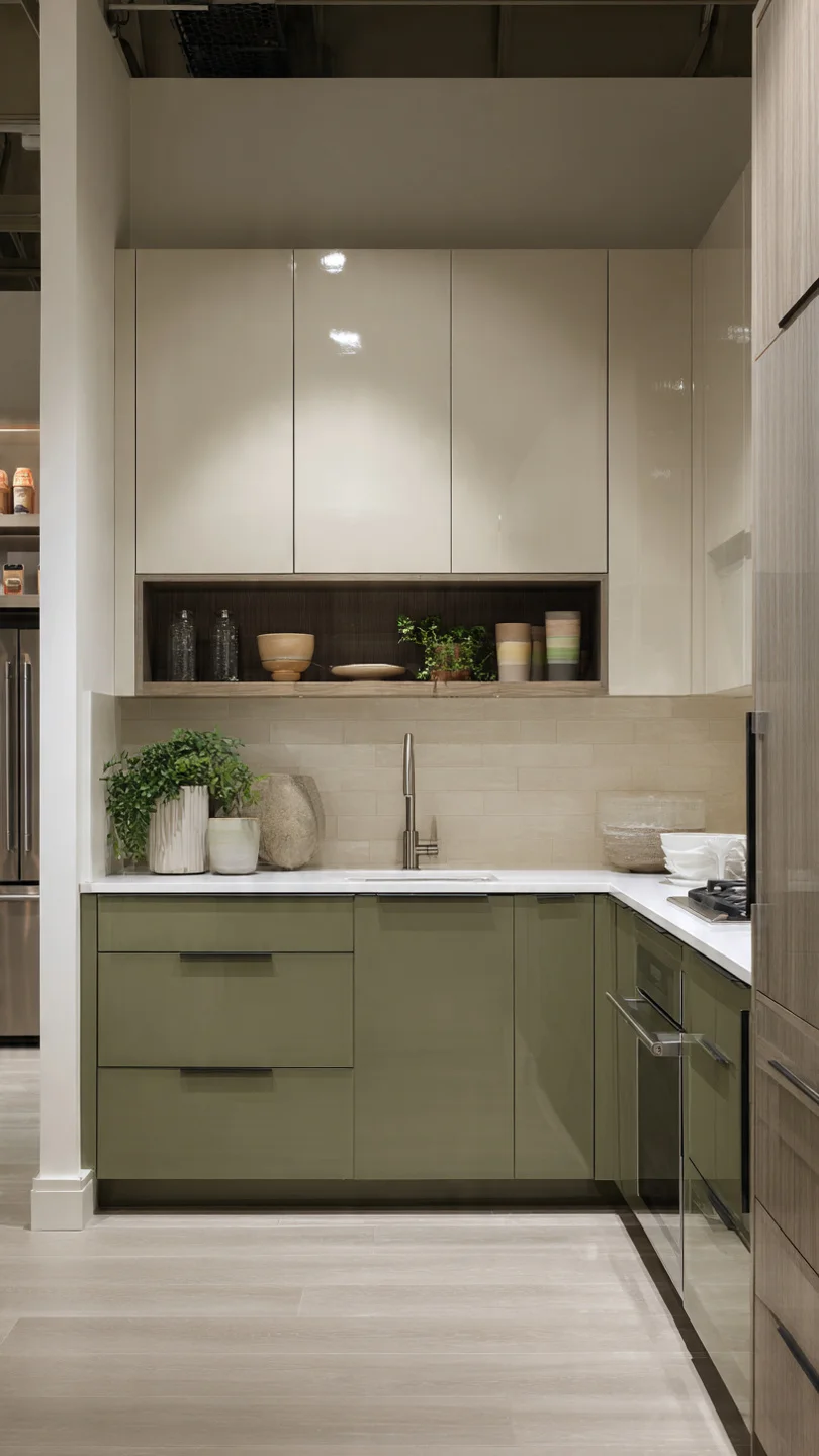 Small two-tone kitchen with beige upper cabinets and muted olive lower cabinets in a modern apartment.