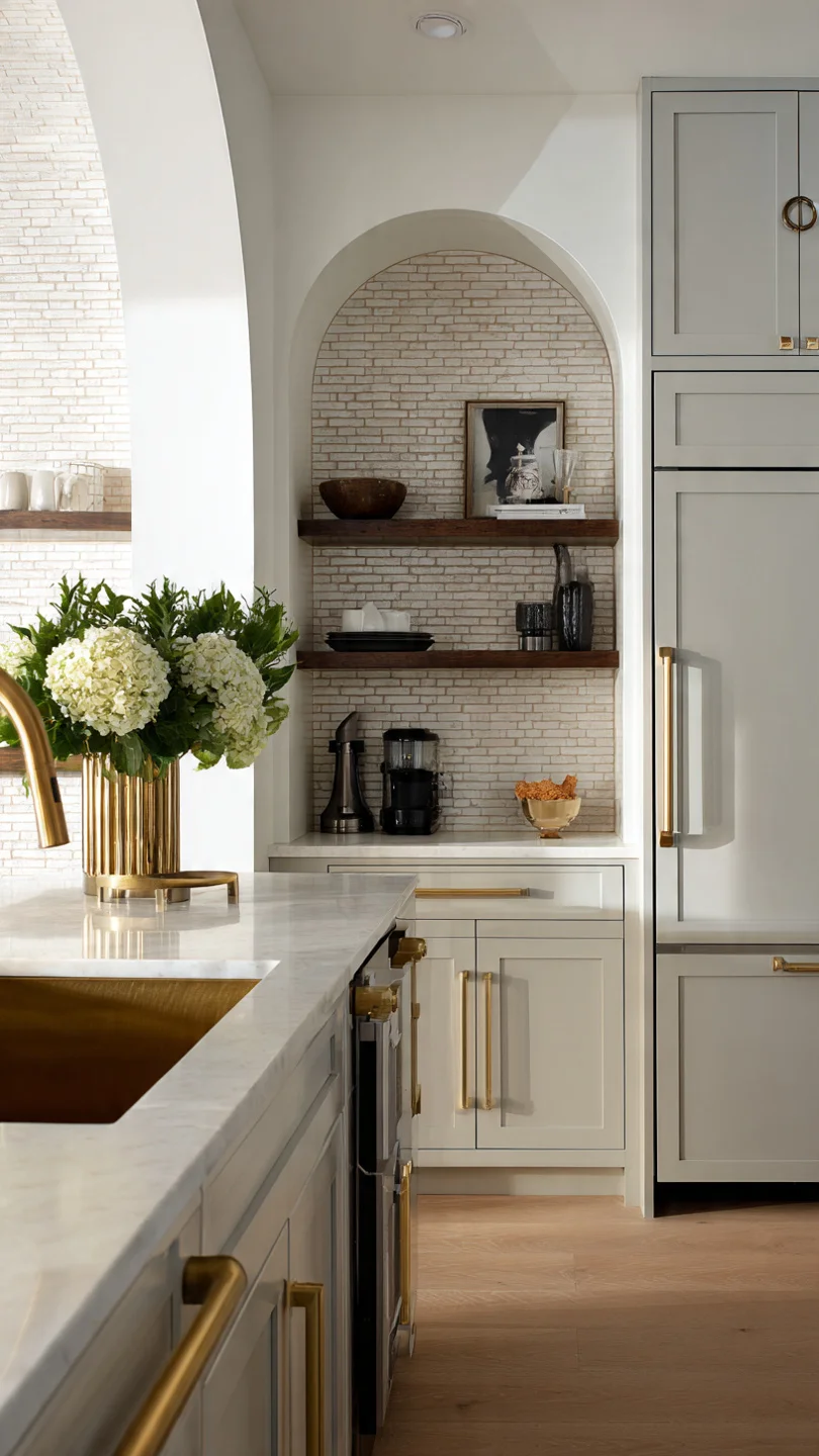 Small kitchen with arched cabinet niches and brass trim details.