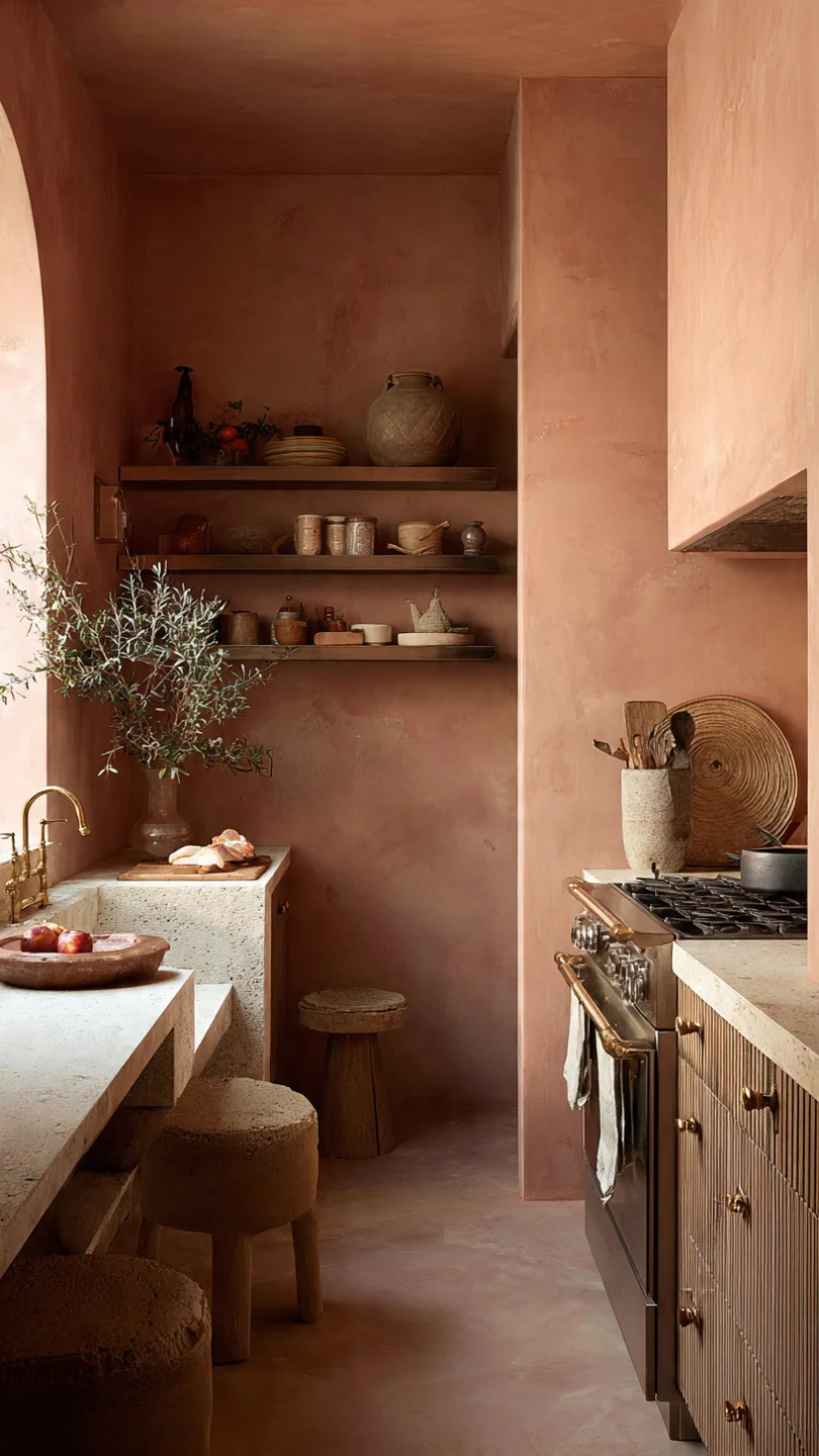 Compact kitchen styled with terracotta stools and warm neutral cabinetry.