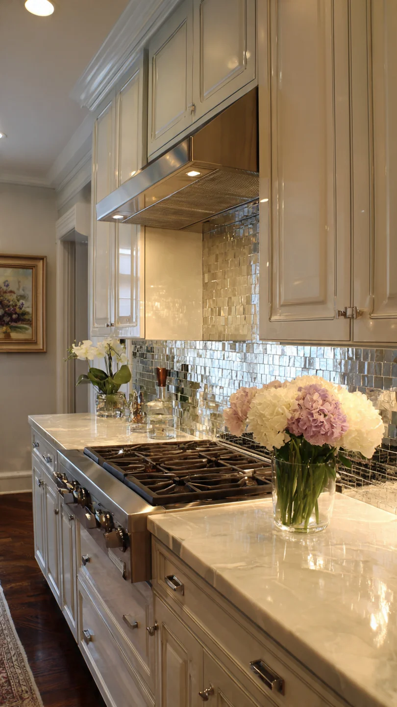 Small kitchen with glossy reflective backsplash tiles and under-cabinet lighting glow.
