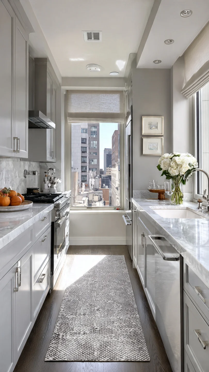 Compact galley kitchen with subtle geometric patterned floor tiles.
