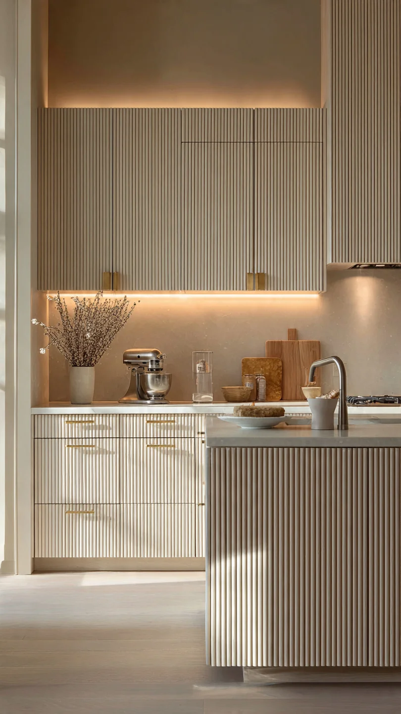 Modern small kitchen with fluted lower cabinet panels and brass hardware.