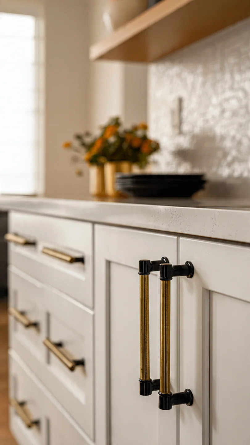 Small kitchen with mixed brass and matte black cabinet hardware.