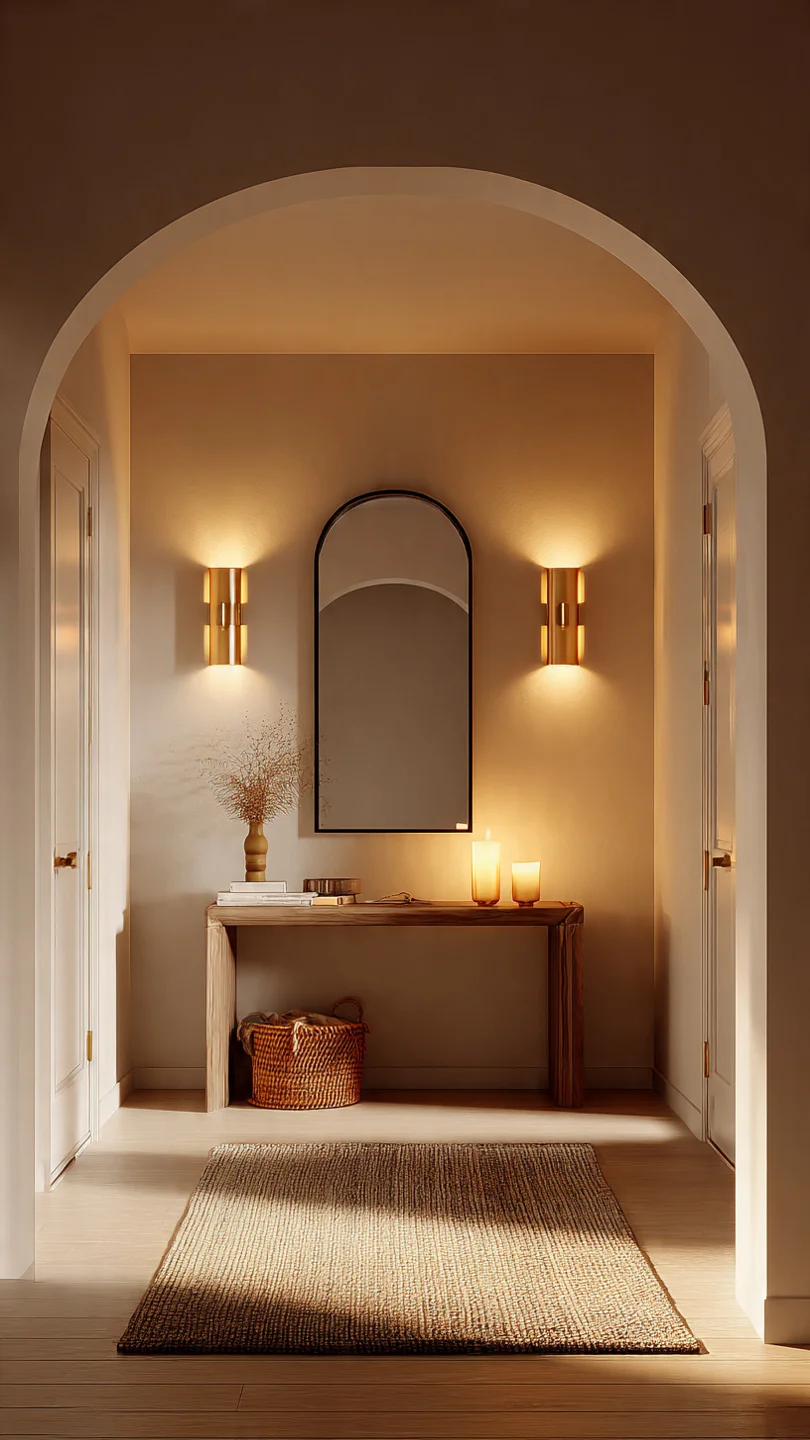 small apartment entryway with warm layered lighting and brass wall sconces in neo-deco style