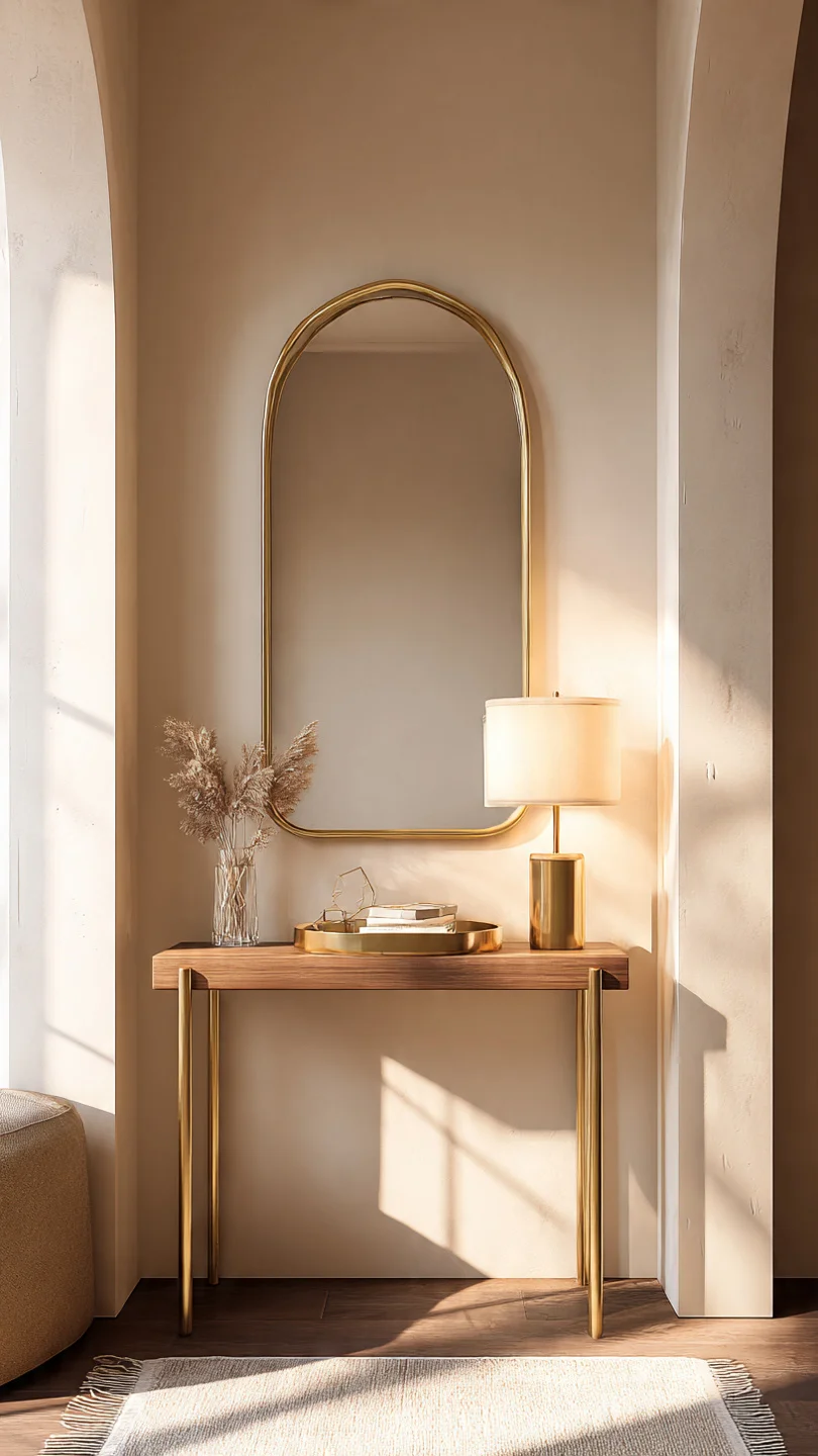 small apartment entryway styled with brushed brass mirror and warm neutral decor