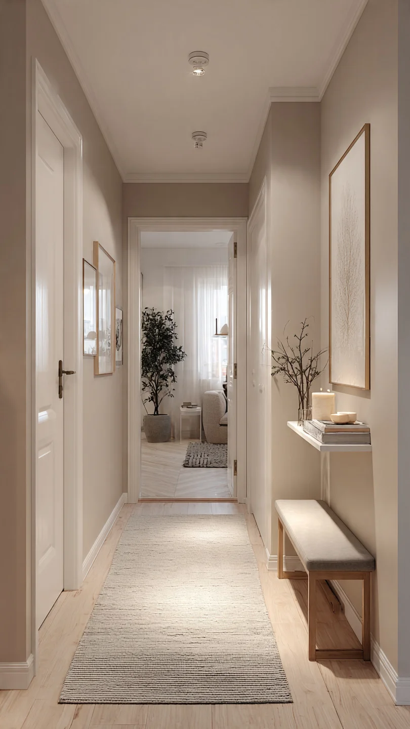 open plan apartment with visually defined small entryway using neutral rug and slim divider shelf