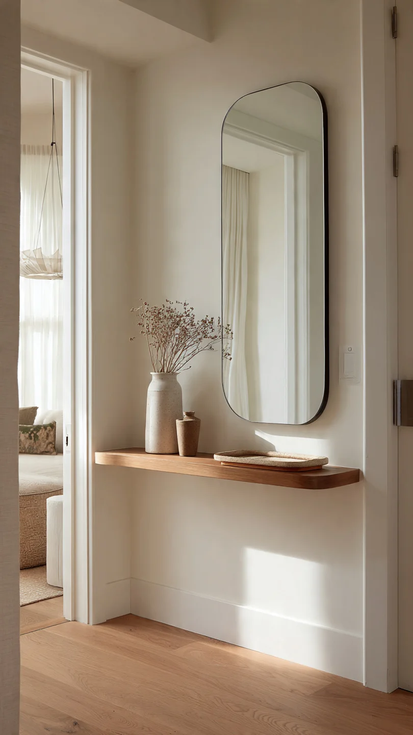 minimal small apartment entryway with slim floating shelf and warm neutral decor styling