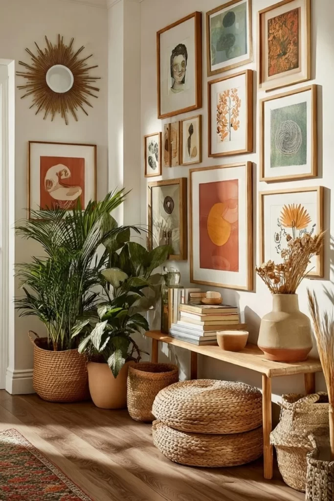 Warm neo-deco hallway with arched details, brass lighting, and fluted walls in a small apartment