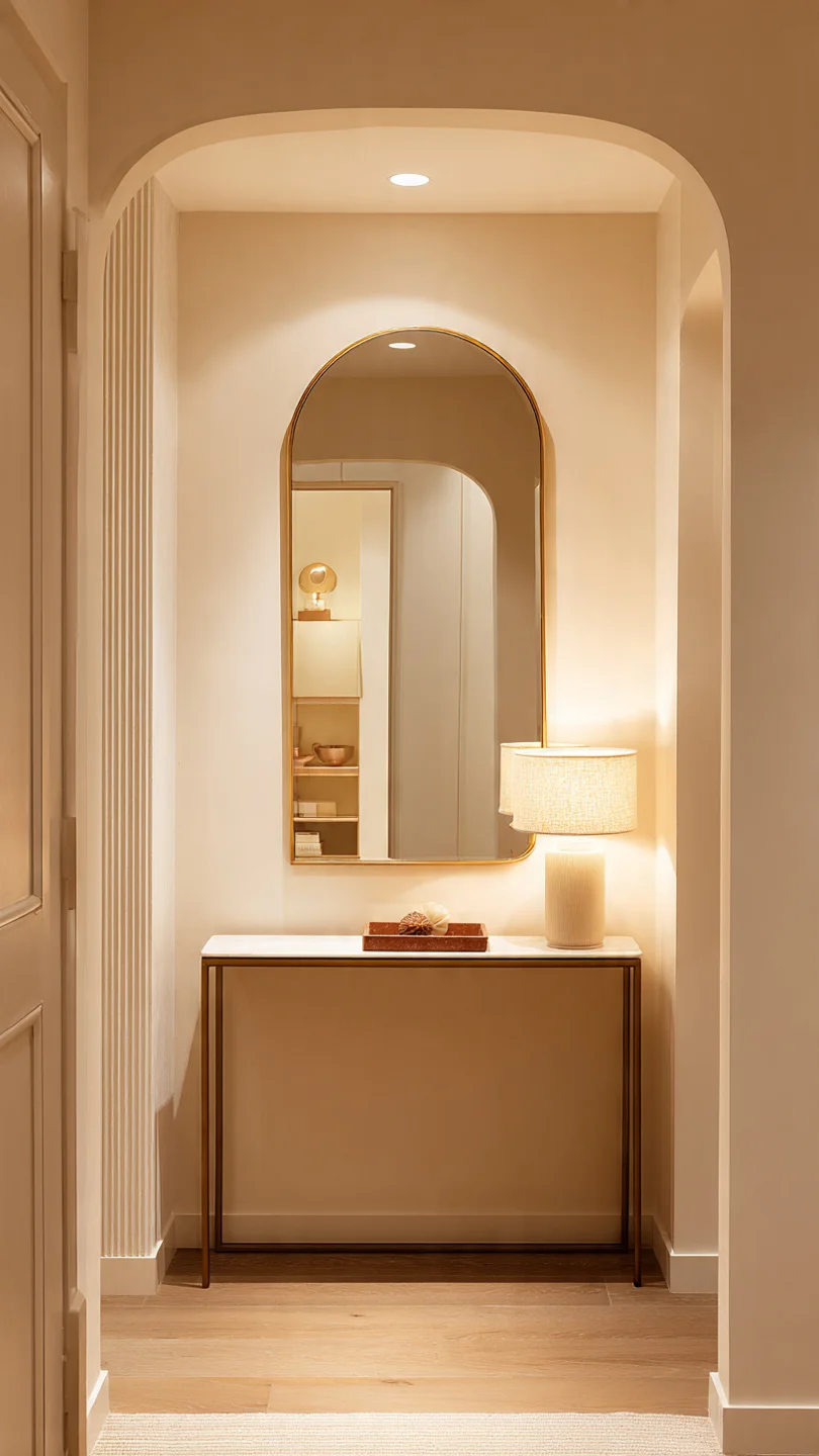 small apartment entryway featuring arched brass mirror above slim console in warm neutral decor