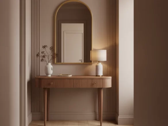 small apartment entryway with warm neutral decor and arched brass mirror in neo-deco style