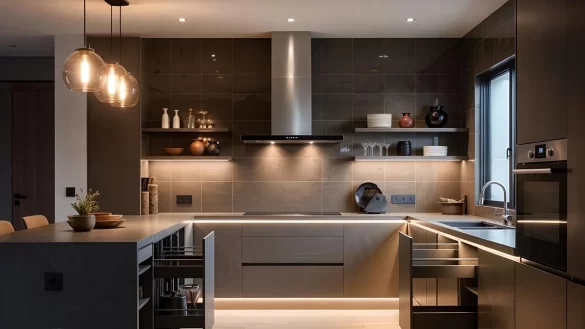 Modern small kitchen with warm beige cabinetry, layered under-cabinet lighting, reflective backsplash tiles, and compact U-shaped layout.