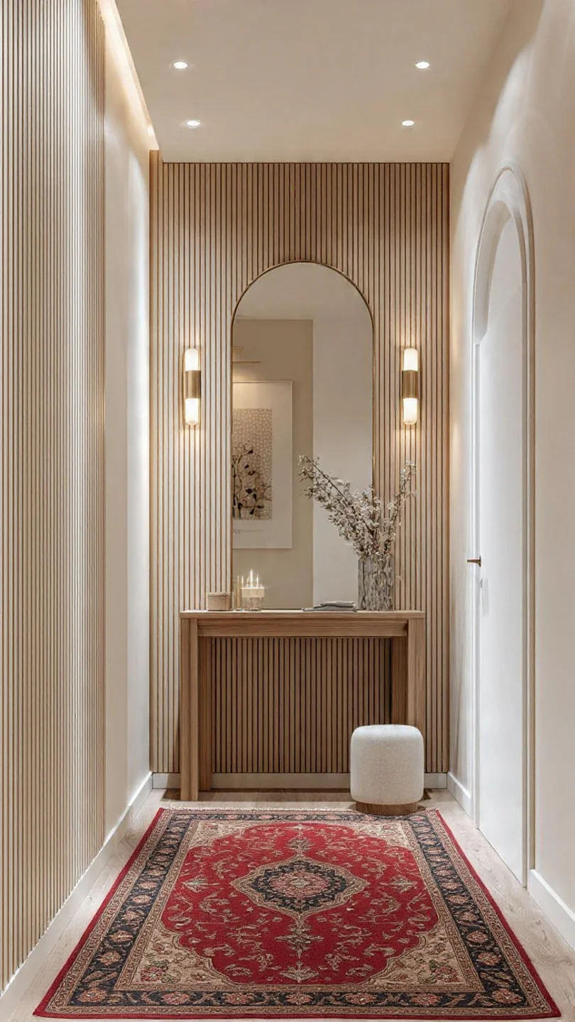 small apartment entryway with vertical fluted wall panels and slim console table in warm tones