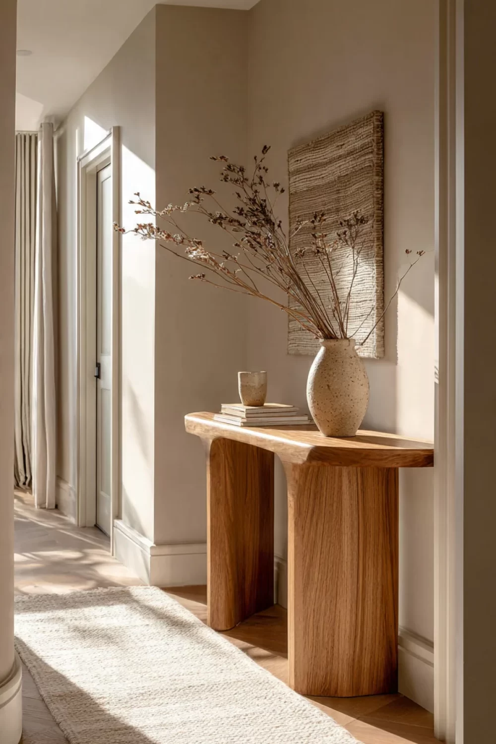 small apartment entryway with warm neutral beige walls and slim wooden console table in modern neo-deco style